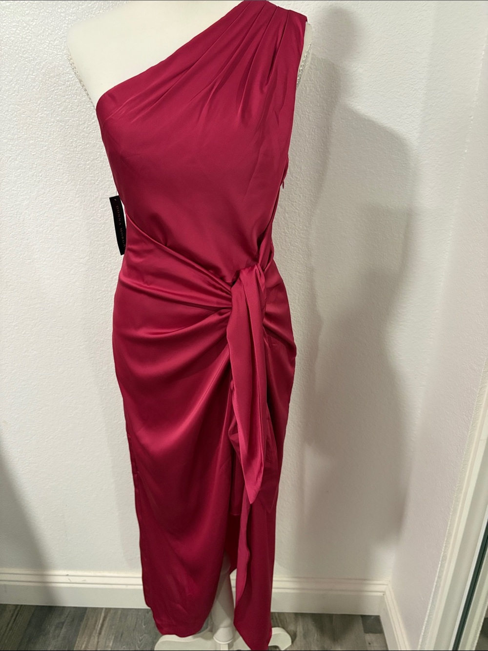 Donna Morgan Vivacious One-Shoulder Satin Dress in Berry